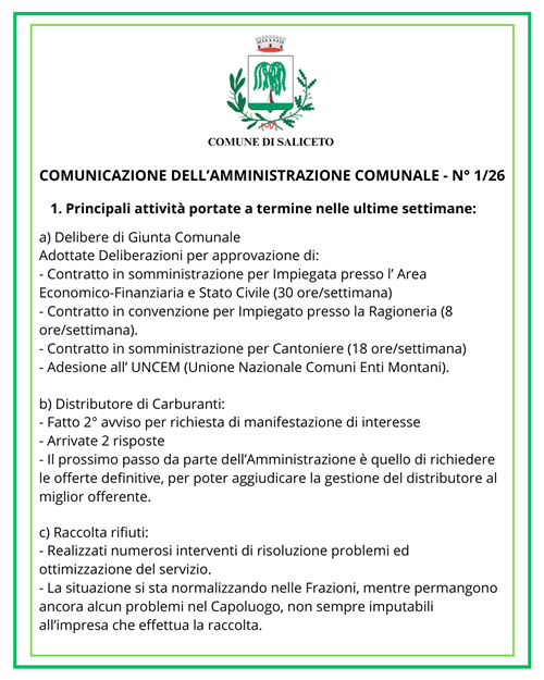 Comunicazione dell'Amministrazione n° 1/26