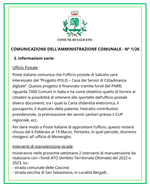 Comunicazione dell'Amministrazione n° 1/26